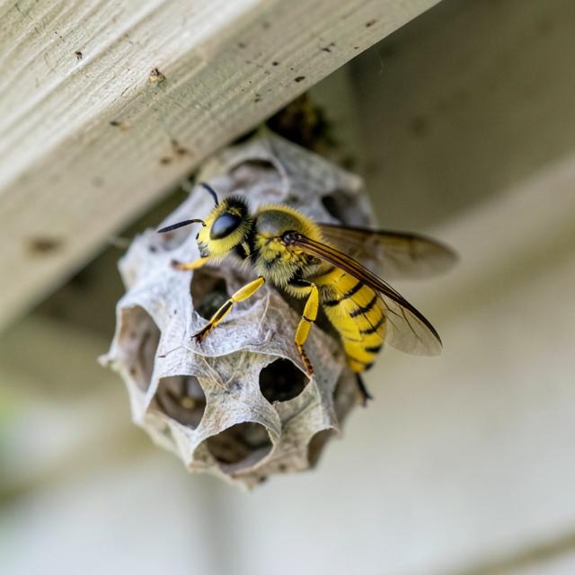 Yellow jacket wasp on a paper nest under a house eave